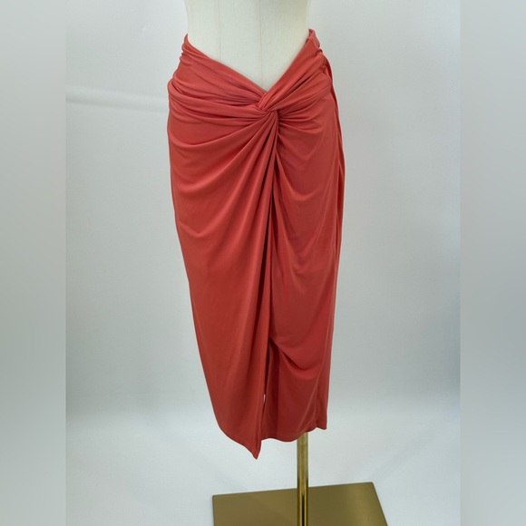 Express Coral Draped Midi Skirt with Twist Waist Sophisticated Evening Look - Picture 4 of 11